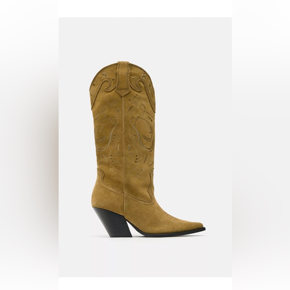 Zara Embroidered Suede boots Tan Heeled Western boots
